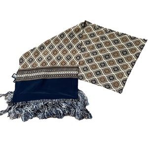 Vintage DKNY 100% Silk Navy Fringe Pattern Design Lightweight Thin Fashion Scarf